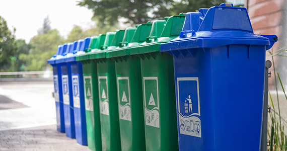 Reihe grüner und blauer Mülltonnen zur getrennten Abfallentsorgung im Außenbereich