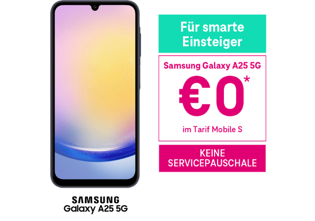Samsung Galaxy A25 5G Samsung Galaxy A25 5G 5G um €0 im Tarif Mobile S. Keine Servicepauschale