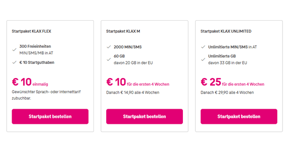 Tariftabelle Startpakete Klax