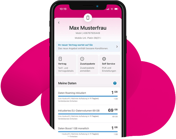 Übersicht Smartphone mit geöffneter Mein Magenta App zeigt Übersicht Screen.