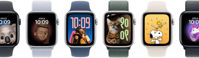 Apple Watch SE Zifferblätter Zifferblatt Optionen, inklusive Memoji, Fotos, Porträts und Snoopy, auf sechs Apple Watch Geräten