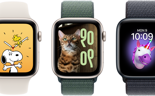 Apple Watch SE Zifferblättern Zifferblatt Optionen, inklusive Memoji, Fotos, Porträts und Snoopy, auf sechs Apple Watch Geräten