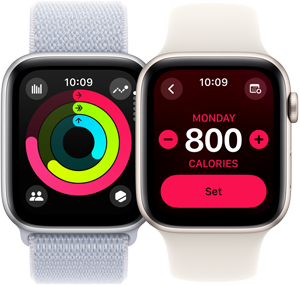 Apple Watch SE Fitness Aktivitätsring-Tracking und Kalorienziele auf zwei Apple Watch SE Geräten