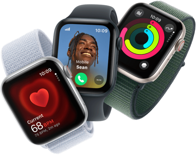 Apple Watch SE Hero Herzfrequenzmesser, eingehender Anruf und Aktivitätsringe auf drei Apple Watch Geräten