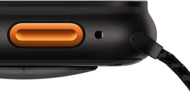 Apple Watch Ultra 2 - Actionbutton Die Actiontaste wird gut sichtbar im seitlichen Profil gezeigt