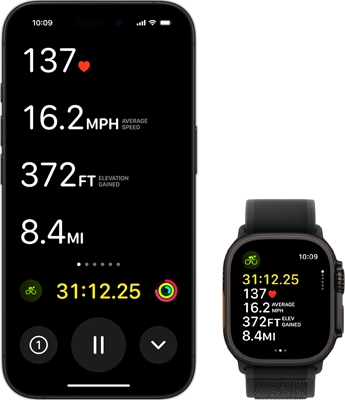 Apple Watch Ultra 2 - Radfahren Live Aktivität zeigt die Radfahrdaten einer Person sowohl auf ihrer Ultra 2 als auch auf ihrem iPhone