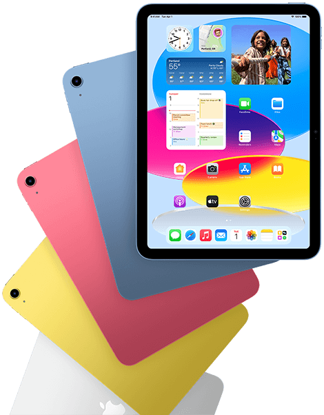iPad in Farben Vorderansicht des iPad zeigt den Homescreen. Dahinter Rückansichten von iPad Modellen in Blau, Pink, Gelb und Silber