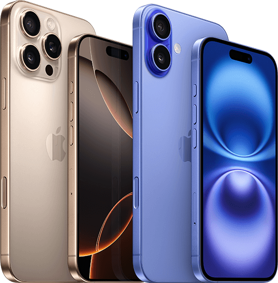 Jeweils Vorder- und Rückseite eines iPhone 16 und eines iPhone 16 Pro Jeweils Vorder- und Rückseite eines iPhone 16 und eines iPhone 16 Pro