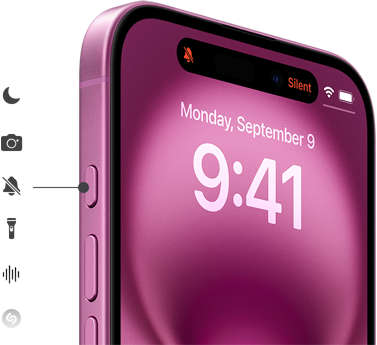 Apple iPhone 16 Actionbutton Drücken und halten Sie einfach die Actiontaste auf dem iPhone 16 und starten Sie Ihr Lieblingsfeature. Zum Beispiel den Fokus, die Kamera, den Stummmodus, die Taschenlampe, Sprachmemos oder Shazam