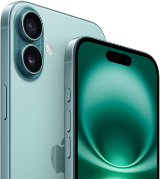 Apple iPhone 16 Display iPhone 16 Plus und iPhone 16, Actiontaste, Lautstärketasten, Seitentaste und Kamerasteuerung, Vorderseite, All‑Screen Design, Dynamic Island oben in der Mitte, Rückseite, Blaugrün, erhöhtes, fortschrittliches Zwei-Kamera-System oben links, Apple Logo in der Mitte
