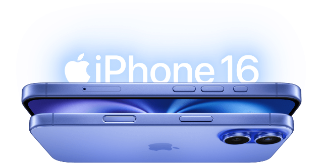 Apple iPhone 16 Header Apple iPhone 16 wagrecht in Front- und Rückansicht mit dem Schriftzug "iPhone 16" darüber