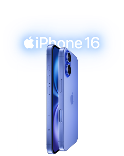 Apple iPhone 16 Header Zwei iPhone 16 Geräte, Seitenansicht, Display an Display aufeinanderliegend in der Farbe Ultramarin, Lautstärketasten, Actiontaste, Seitentaste, Taste für die Kamerasteuerung, Apple Logo in der Mitte, erhöhtes fortschrittliches Zwei-Kamera-System