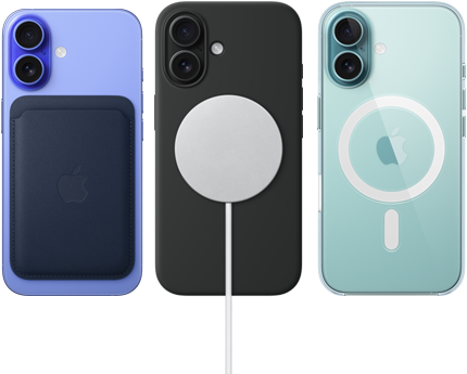 Apple iPhone 16 Magsafe Drei iPhone 16 Geräte, Rückseite, mit verbundenem MagSafe Zubehör: Feingewebe Wallet mit MagSafe, MagSafe Ladegerät mit Silikon Case und iPhone Clear MagSafe Case