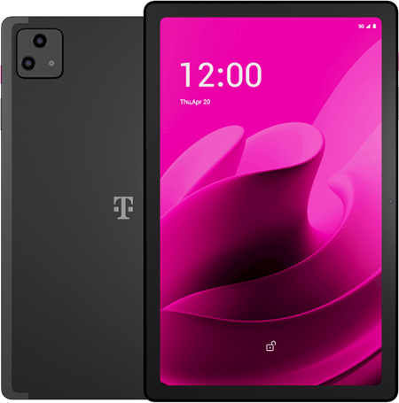 T-Tablet, ein Vielseitiger Begleiter Schwarzes Tablet mit pinkem Display und T-Logo, modernes Design für Arbeit und Freizeit