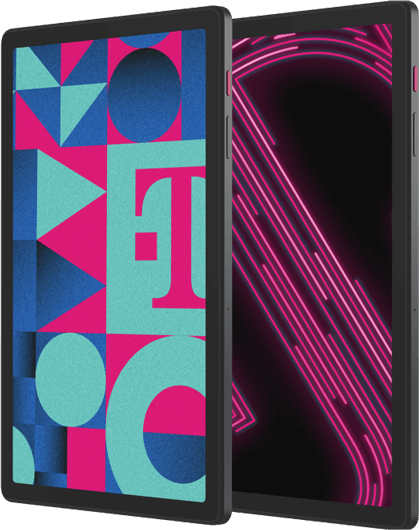 T-Tablet im modernen Design Zwei schwarze Tablets mit bunten T-Design-Displays, stylisch und modern