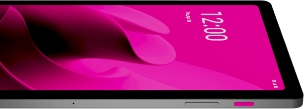 Schlankes T-Tablet mit Magenta Touch Schwarzes Tablet in Seitenansicht mit pinkem Display und Power-Taste, schlankes Design
